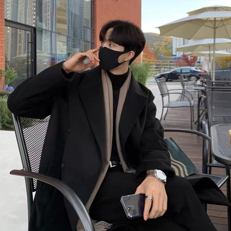Black Double-Breasted  Woolen Long Coat