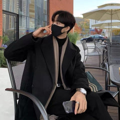 Black Double-Breasted  Woolen Long Coat