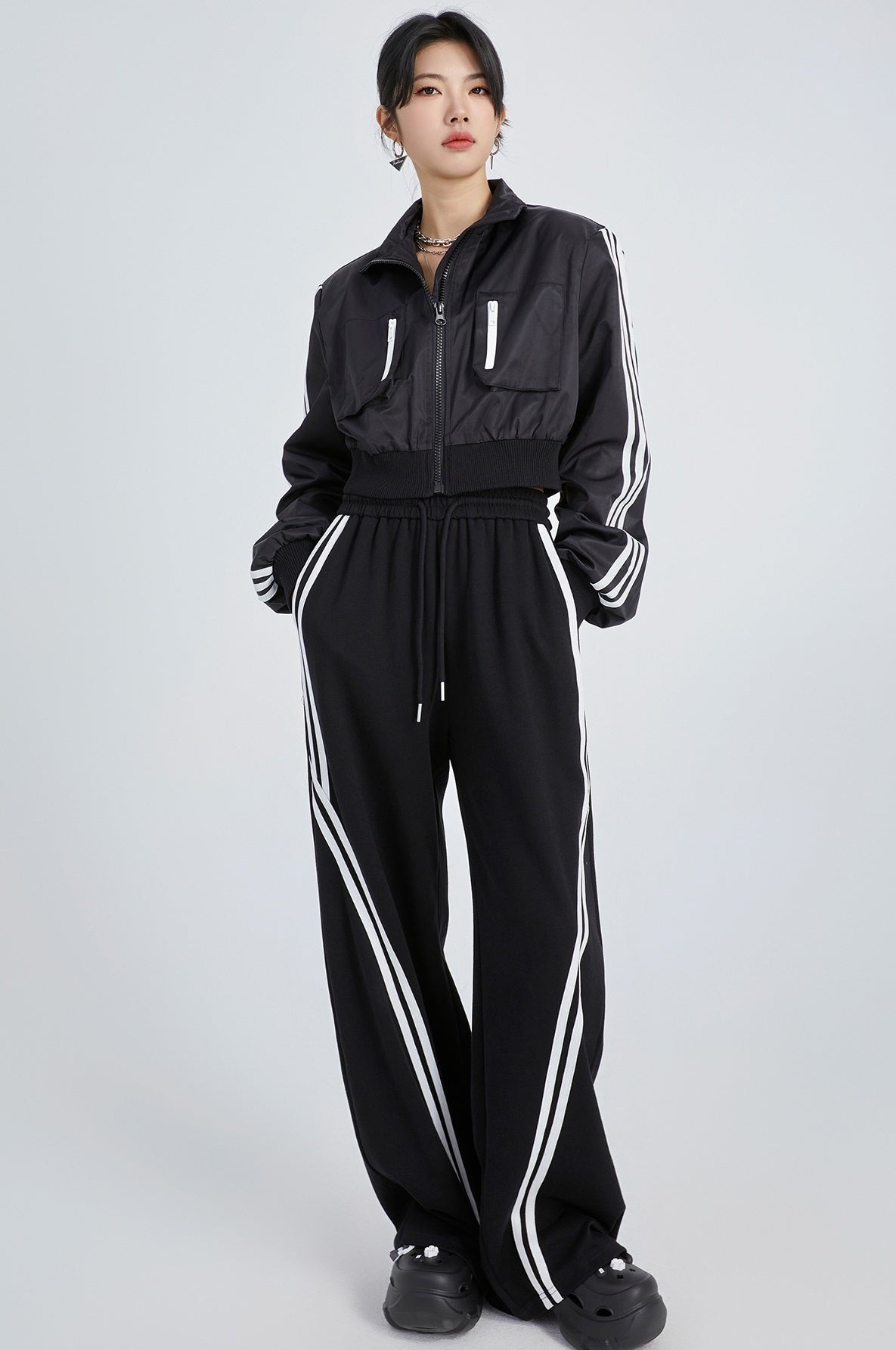Black Double Stripe Drawstring Pants