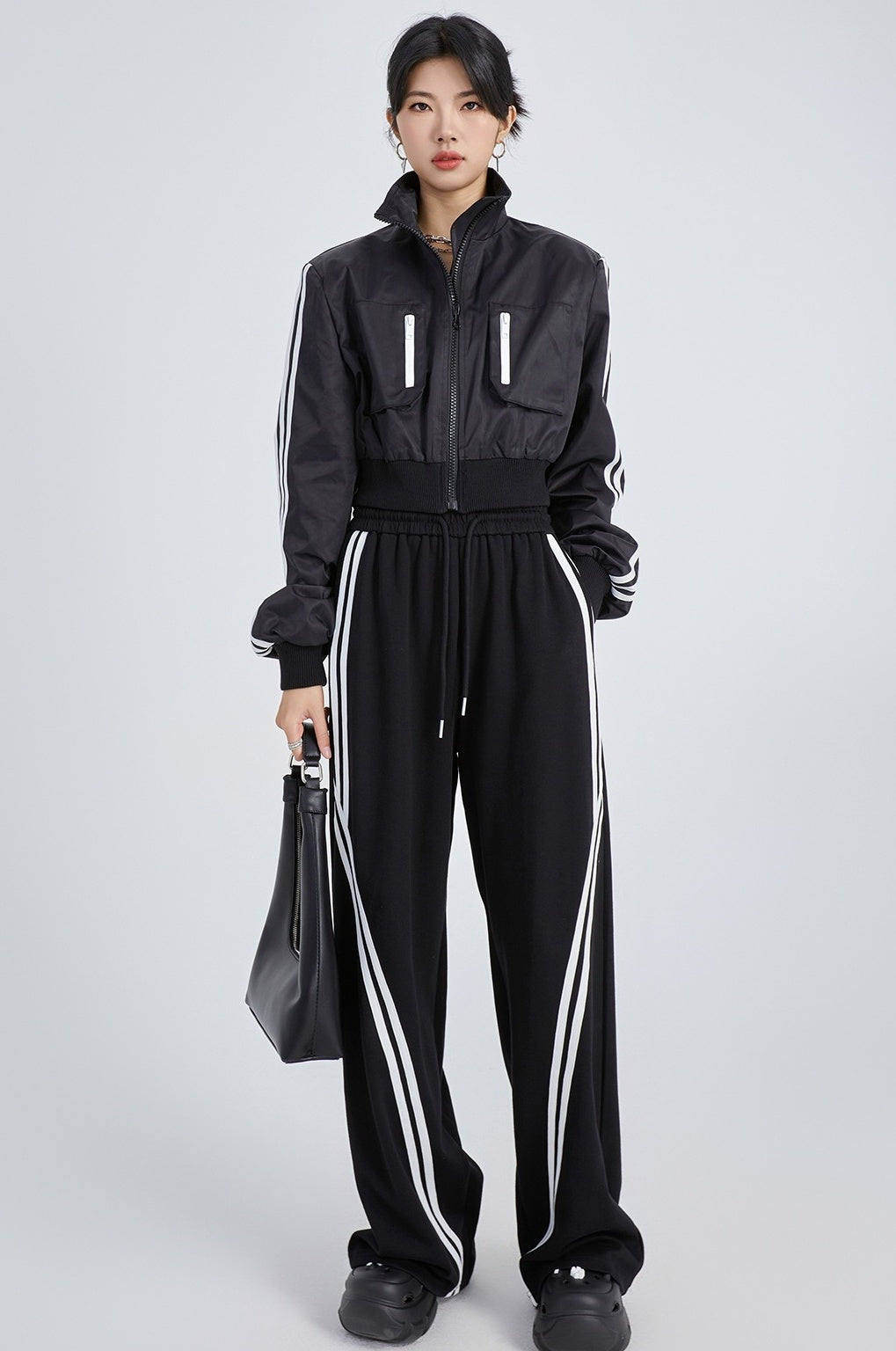 Black Double Stripe Drawstring Pants
