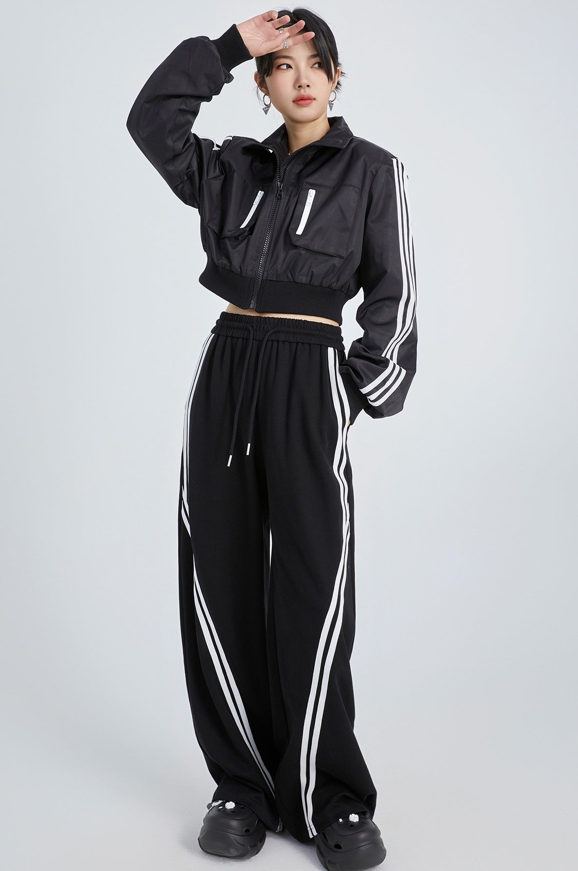 Black Double Stripe Drawstring Pants