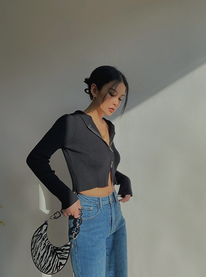 Black Double Zipper Hooded Crop Jacket