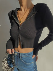 Black Double Zipper Hooded Crop Jacket