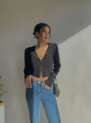 Black Double Zipper Hooded Crop Jacket