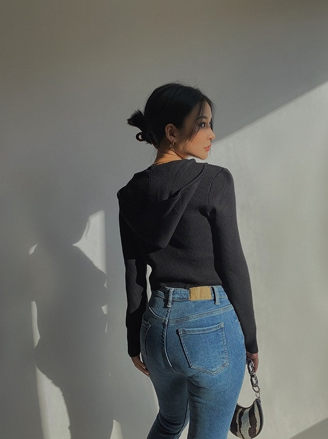 Black Double Zipper Hooded Crop Jacket