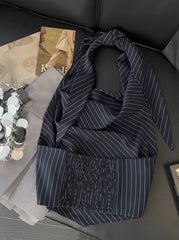 Black Draping Halter Stripes Top