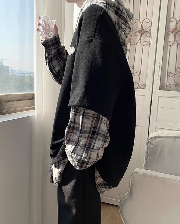 Black Fake Two-Piece T-Shirt With Hooded Shirt Detail