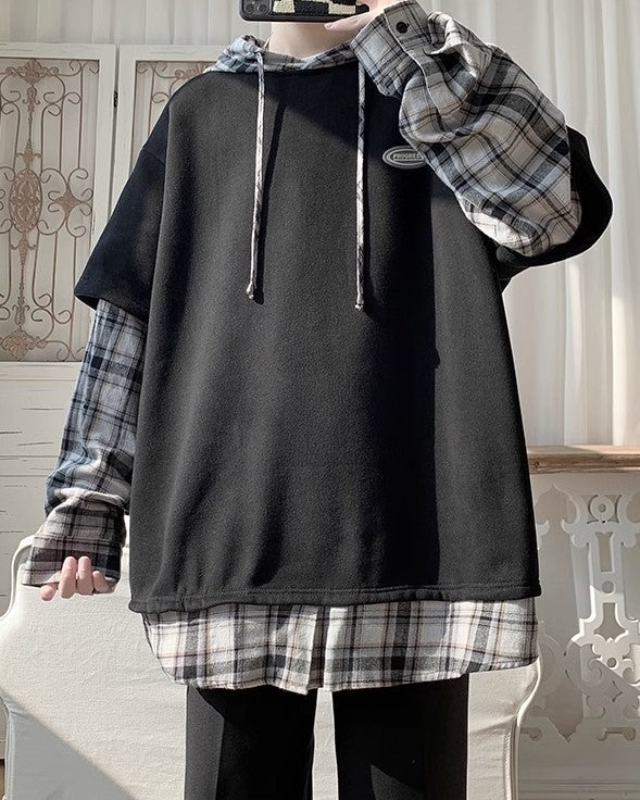 Black Fake Two-Piece T-Shirt With Hooded Shirt Detail