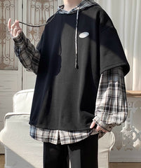 Black Fake Two-Piece T-Shirt With Hooded Shirt Detail