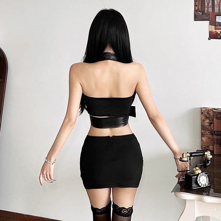 Black Faux Leather Belted Halter Top