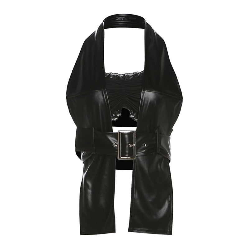 Black Faux Leather Belted Halter Top