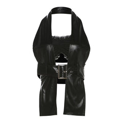 Black Faux Leather Belted Halter Top