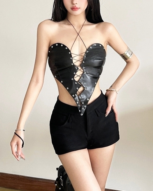 Black Faux Leather Broken Heart Lace Top