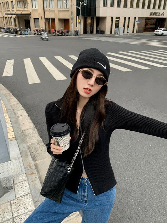 Black Double Zip Ribbed Cardigan