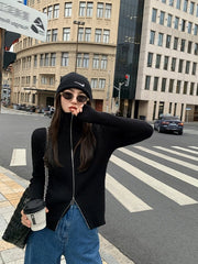 Black Double Zip Ribbed Cardigan