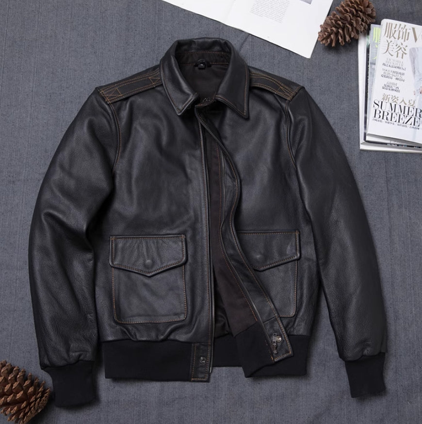 Black Faux Leather Collared Pockets Jacket