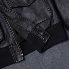 Black Faux Leather Collared Pockets Jacket