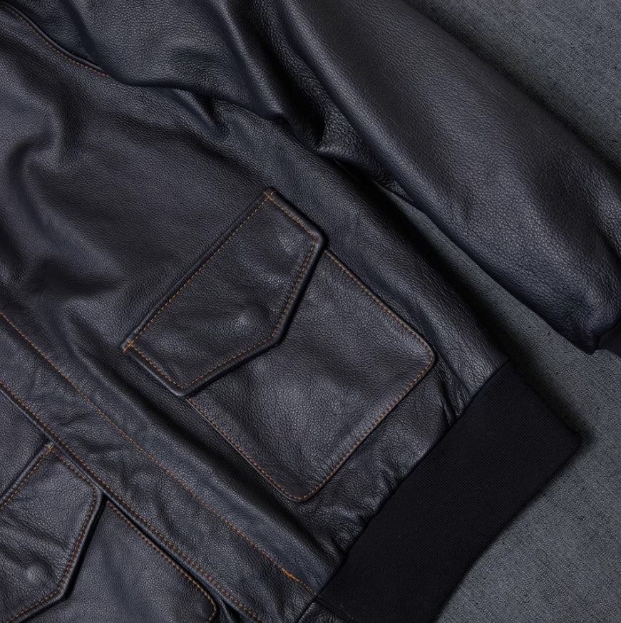 Black Faux Leather Collared Pockets Jacket