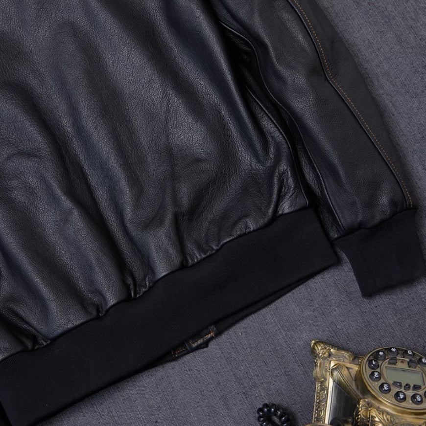 Black Faux Leather Collared Pockets Jacket
