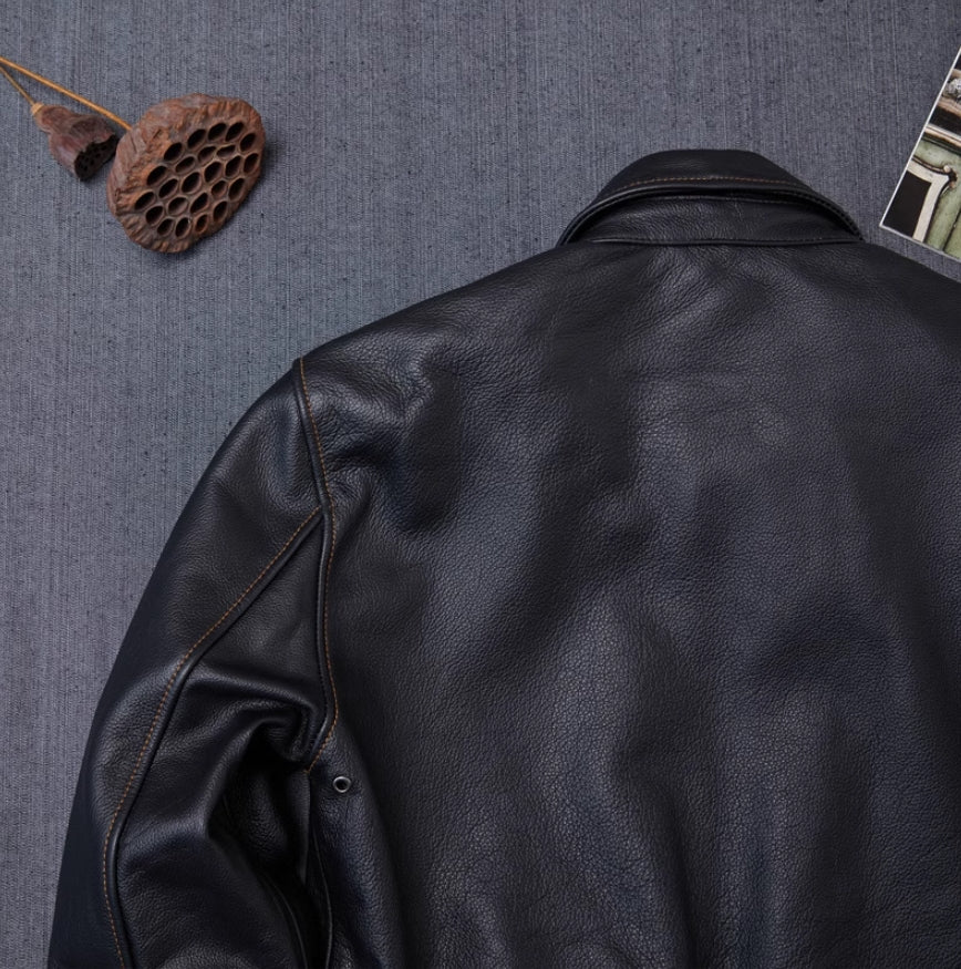 Black Faux Leather Collared Pockets Jacket