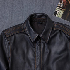Black Faux Leather Collared Pockets Jacket