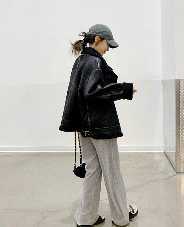 Black Faux Leather Double Buckle Jacket