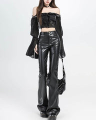 Black Faux Leather Flared Pants