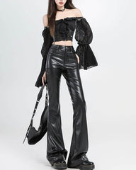 Black Faux Leather Flared Pants