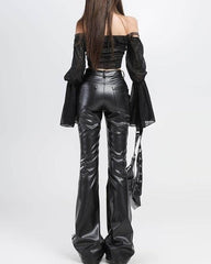 Black Faux Leather Flared Pants