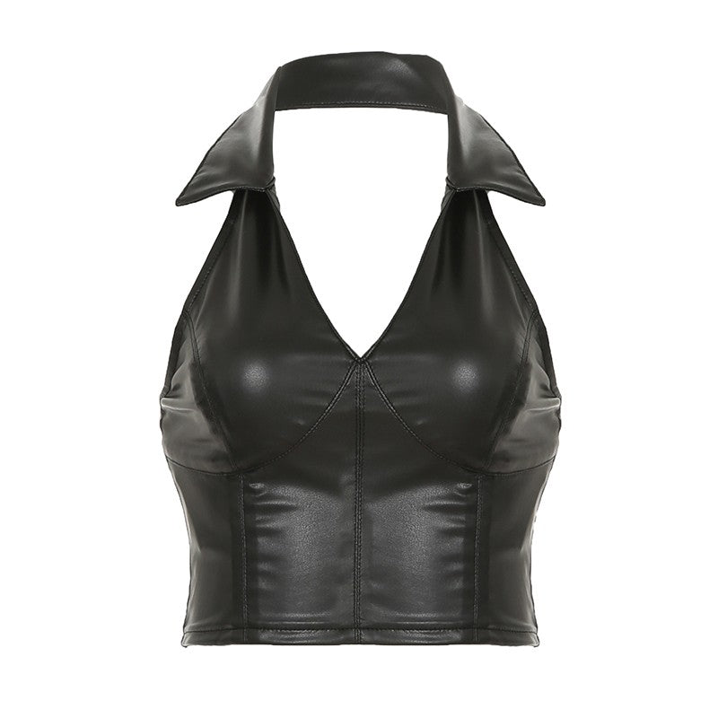 Black Faux Leather Halter Collared Crop Top