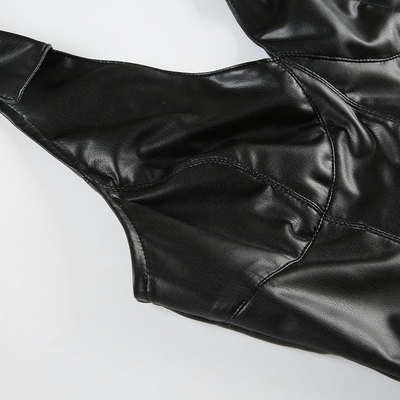 Black Faux Leather Halter Collared Crop Top