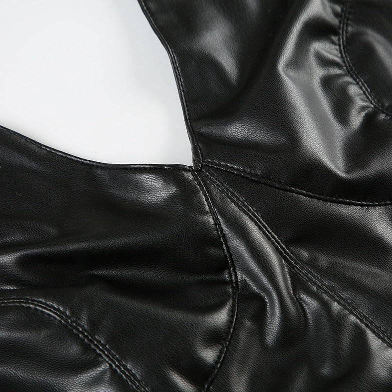 Black Faux Leather Halter Collared Crop Top