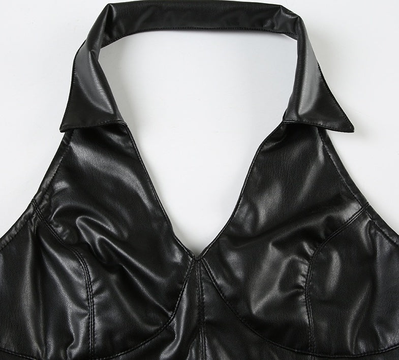 Black Faux Leather Halter Collared Crop Top