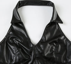 Black Faux Leather Halter Collared Crop Top