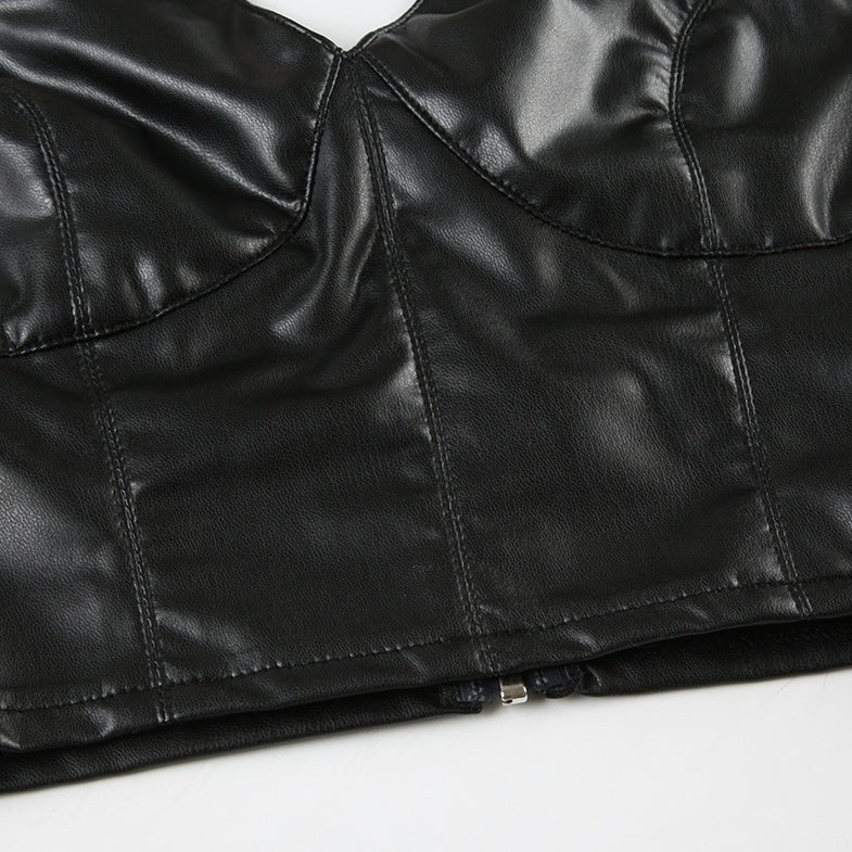 Black Faux Leather Halter Collared Crop Top