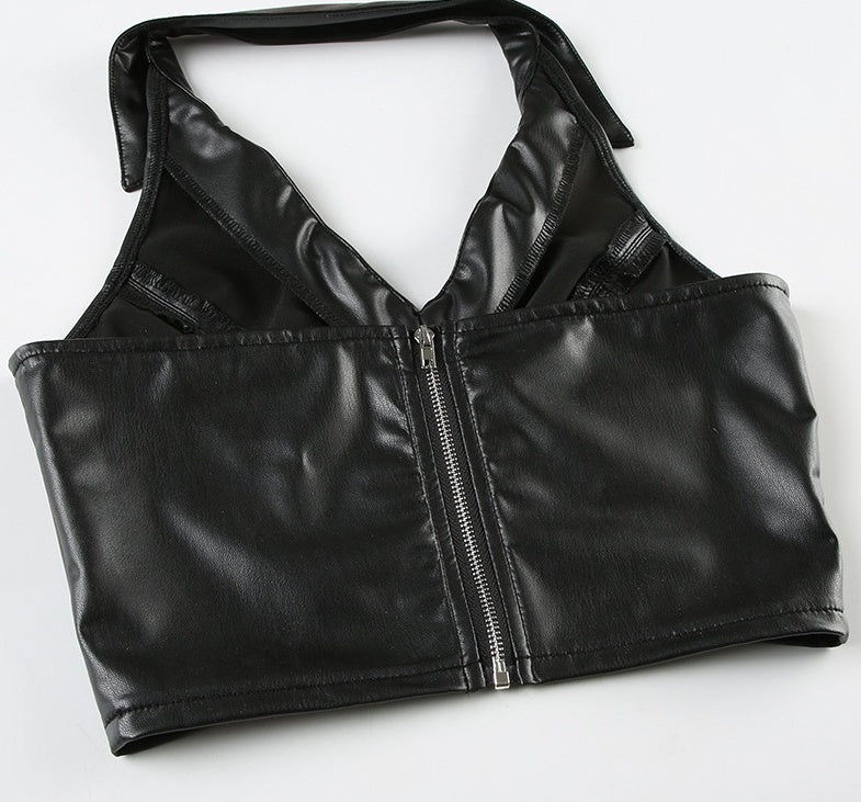 Black Faux Leather Halter Collared Crop Top