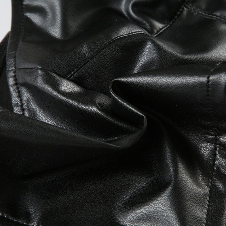Black Faux Leather Halter Collared Crop Top