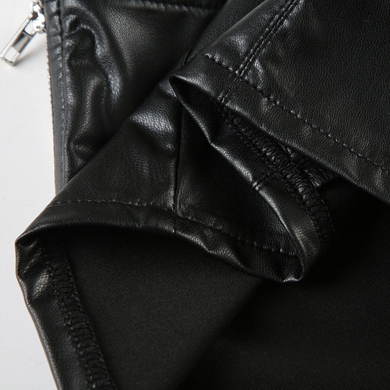 Black Faux Leather Halter Collared Crop Top