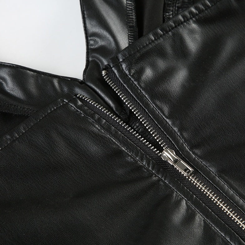 Black Faux Leather Halter Collared Crop Top