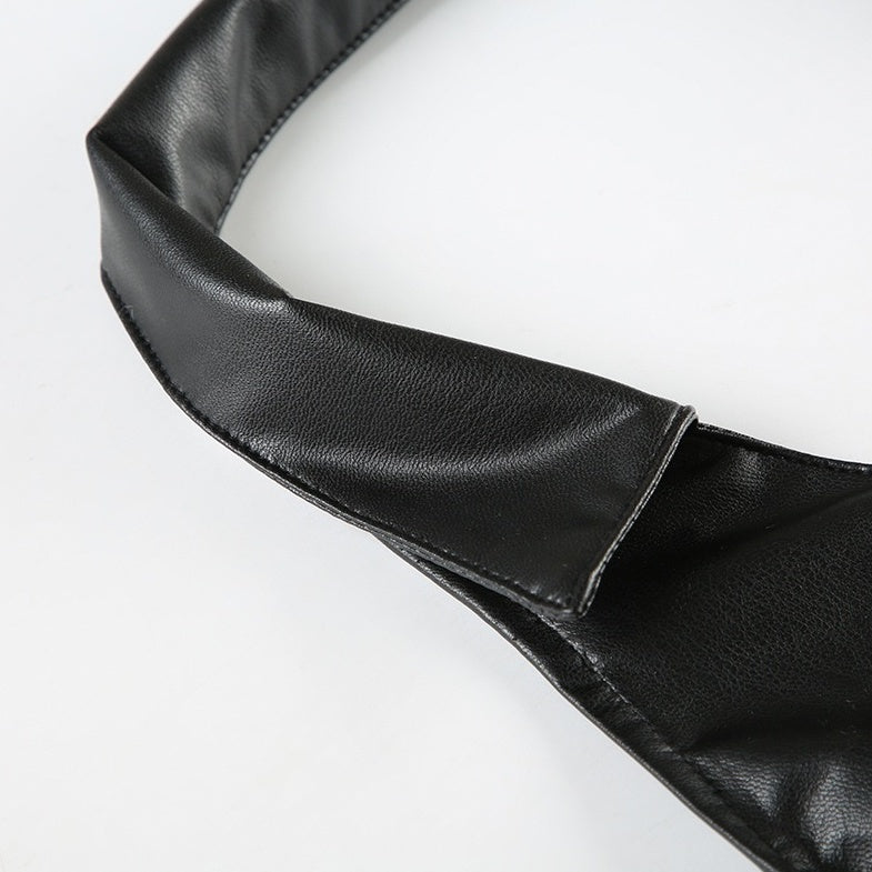 Black Faux Leather Halter Collared Crop Top