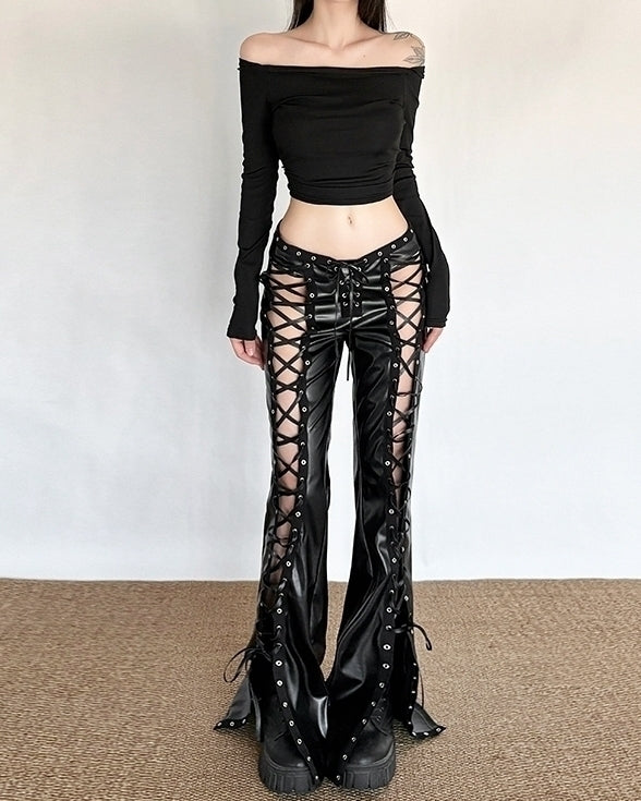 Black Faux Leather Lace-Up Cutout Pants