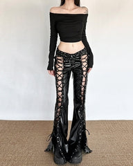Black Faux Leather Lace-Up Cutout Pants