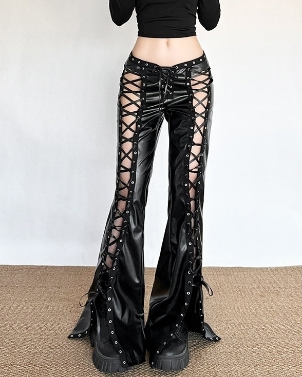Black Faux Leather Lace-Up Cutout Pants