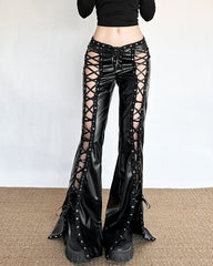 Black Faux Leather Lace-Up Cutout Pants