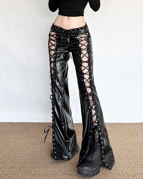 Black Faux Leather Lace-Up Cutout Pants