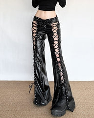 Black Faux Leather Lace-Up Cutout Pants
