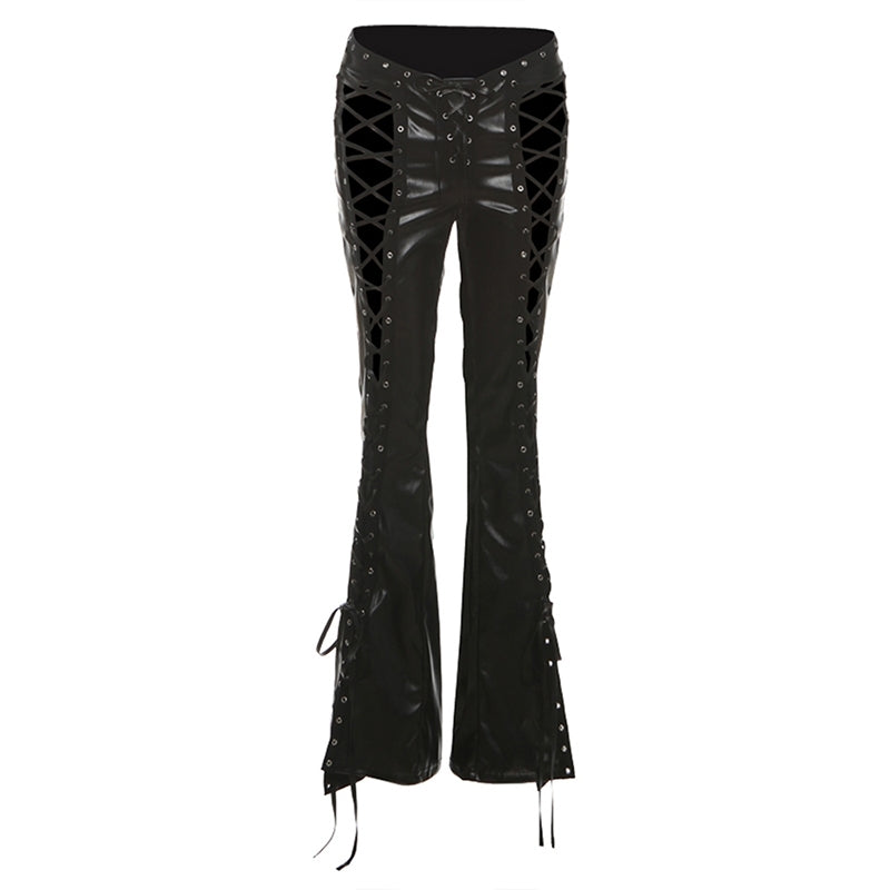 Black Faux Leather Lace-Up Cutout Pants
