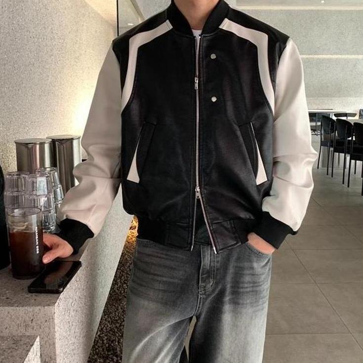 Black Faux Leather Spliced Jacket