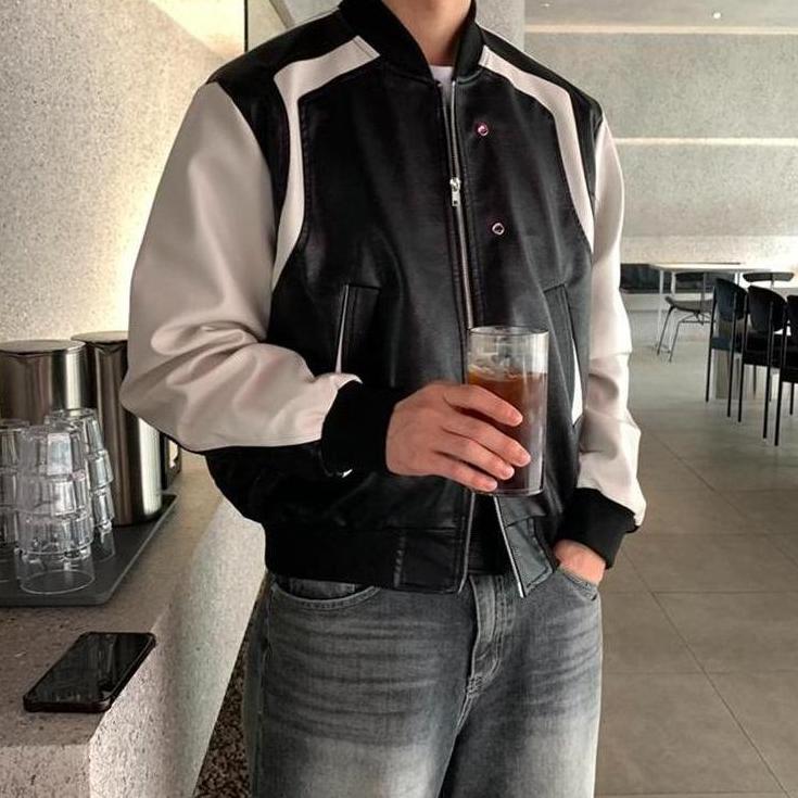 Black Faux Leather Spliced Jacket