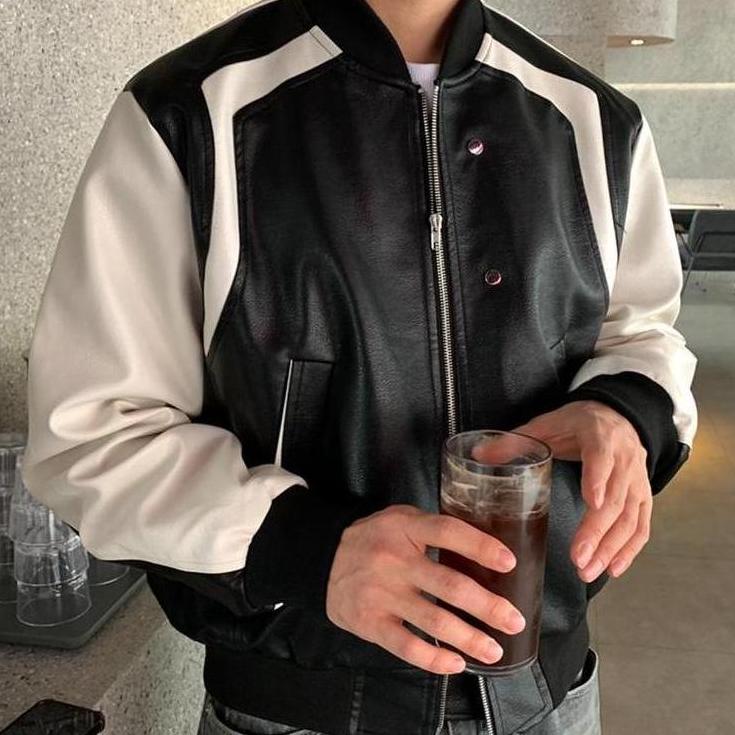 Black Faux Leather Spliced Jacket